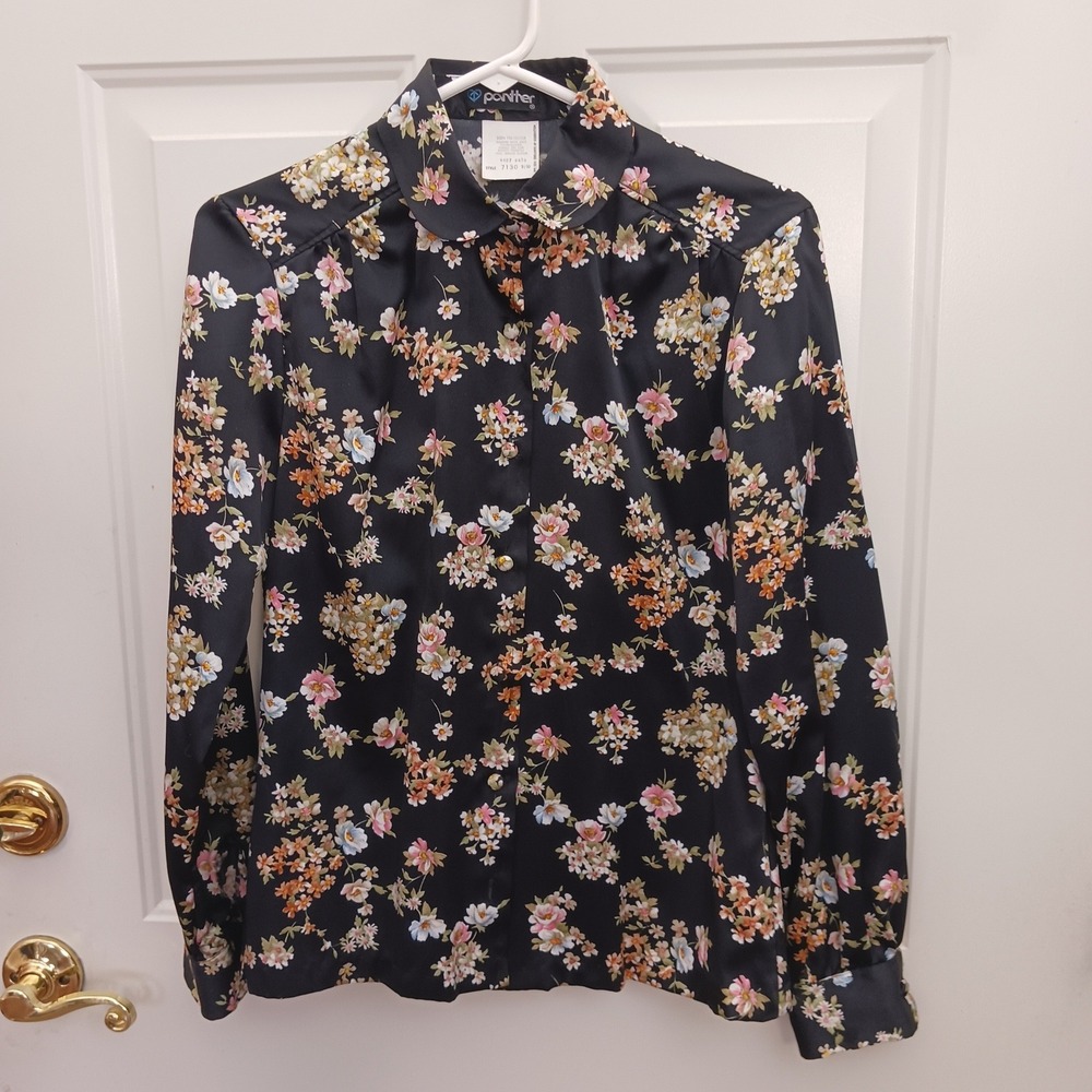 Vintage Panther Floral Blouse Black Pink Peter Pan Collar Long‎ Sleeve Top Small